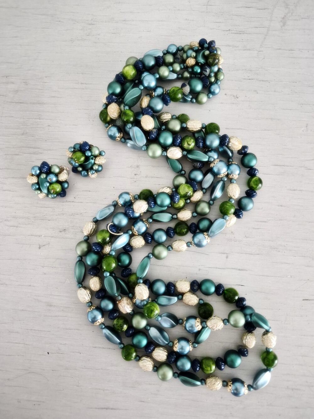 Vintage Japan Blue Green Acrylic Multi-strand Beaded Necklace and Earring Set